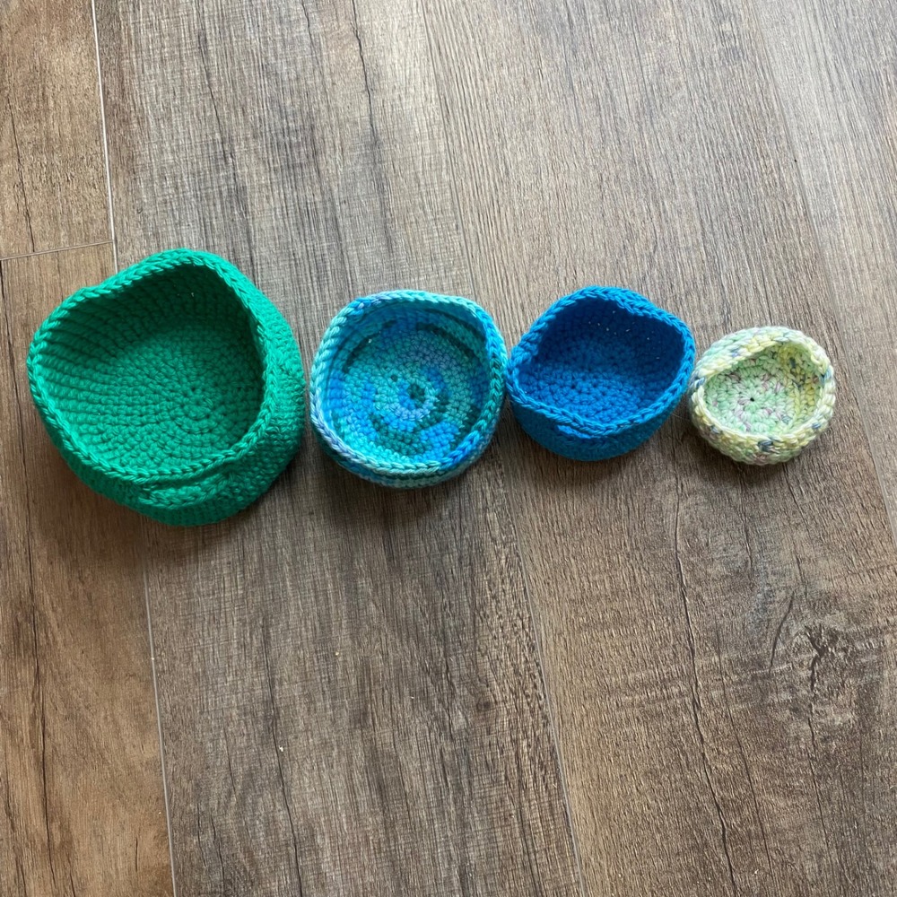 Handmade Crochet Nesting Bowls Set 4 Green Blue Baskets Storage Nursery Decor